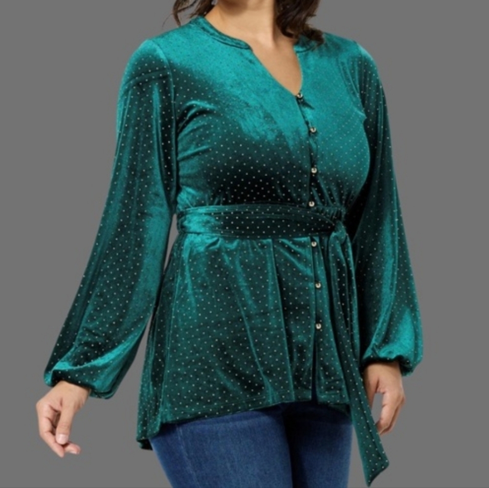NWOT Emerald Green Velvet Button-Up‎ Top